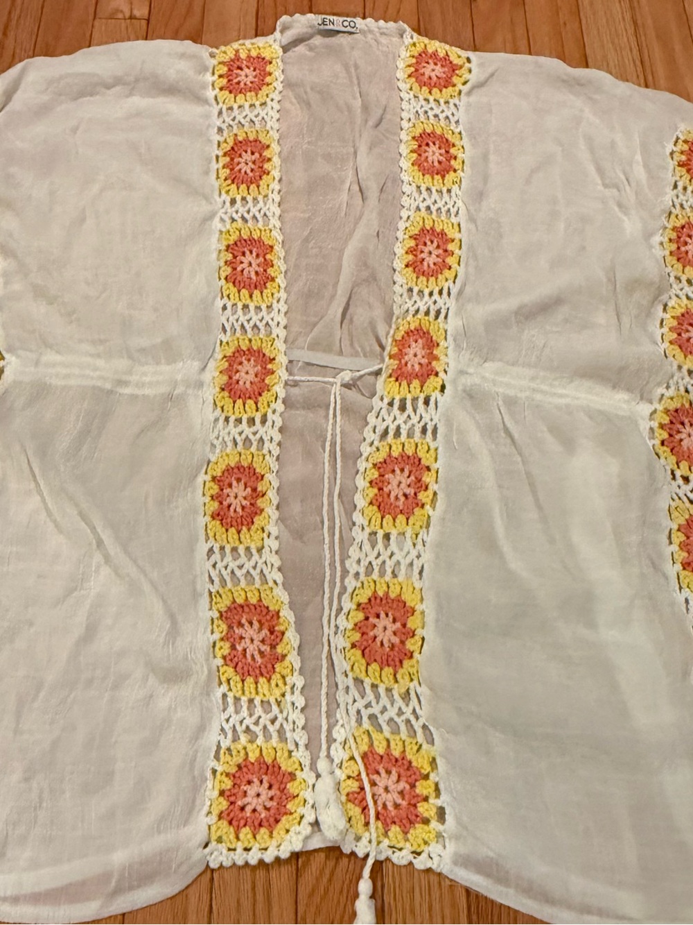 Sheer White Beach Cover-Up Crochet Floral Trim boho swim beach coastal OSFM - Picture 4 of 11